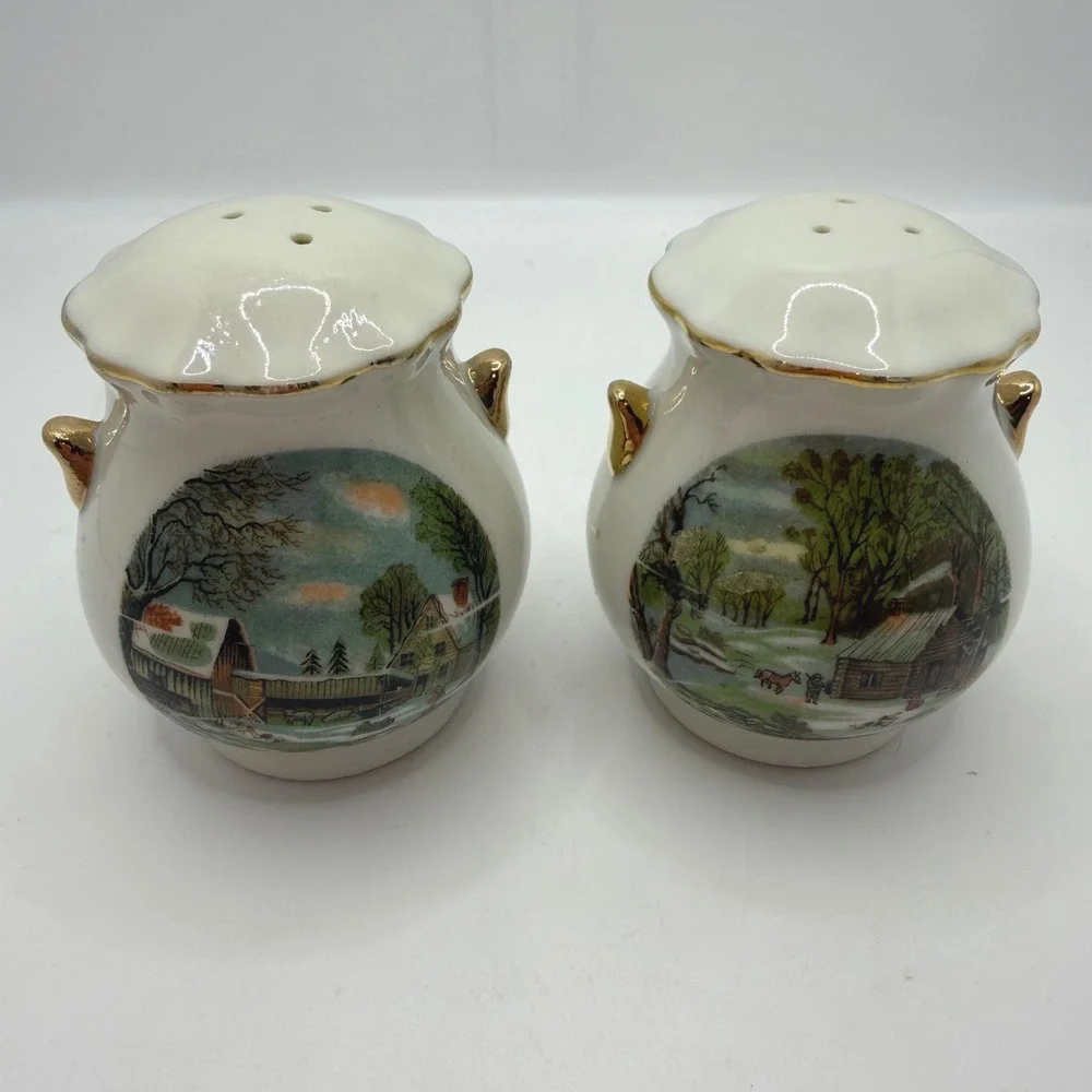 Vintage Enesco Homestead Salt and Pepper Shakers Winter‎ Scenes Gold Trim Set
